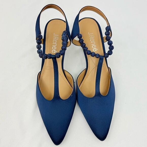 J. Renee NIMAH Navy Blue Sparkle Bead Pointed Toe T Strap Slingback Heels - Picture 5 of 16